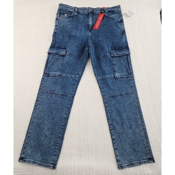 Guess Denim Cargo Pants Men's 38x32 Med Wash NEW 7 Pockets Stretch NWT Comfort - Picture 1 of 16